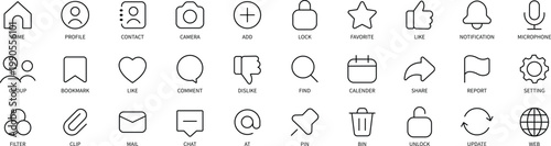 Social media interface icons set, minimalist black outline symbols, vector collection for website user interface, mobile application, digital communication, networking, and web navigation design.