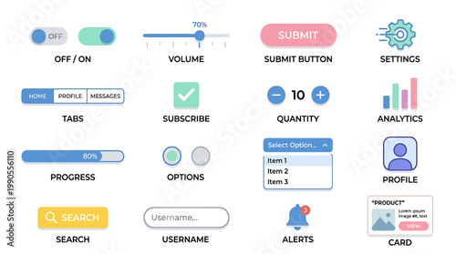 Digital Interface Elements: A comprehensive collection of user-friendly digital interface elements. Includes various UI elements like toggles, sliders, buttons, and input fields. 