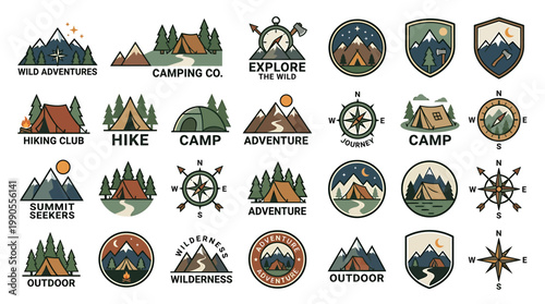 Emblematic Camping Logos: A collection of vintage camping and adventure badges, emblems, and logos showcasing mountains, tents, compasses, and nature motifs.