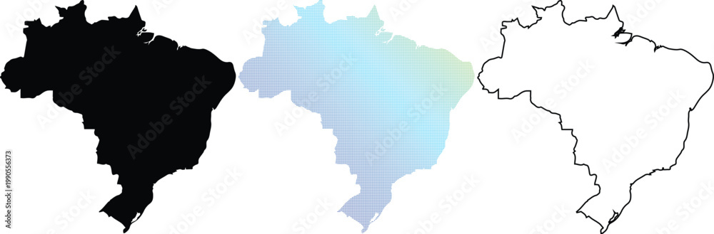 Fototapeta premium Collection of Brazil Maps in Different Styles including Solid Silhouette, Pixelated Dotted Gradient, and Thin Line Outline Vector Graphic