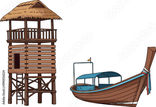 Coastal Scene Vector Illustration Featuring Wooden Lifeguard Tower with Thatched Roof and Traditional Boat with Canopy and Decorative Stripe