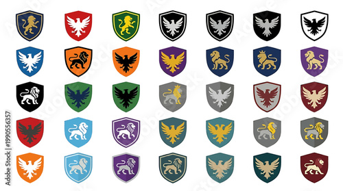 Heraldic Crest Collection: A vibrant assortment of heraldic crests, each meticulously crafted with intricate designs and symbolic emblems, ideal for projects needing a touch of regality.