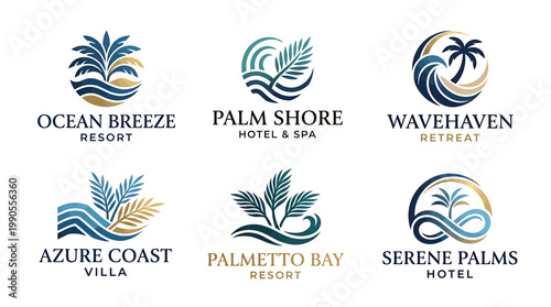 Coastal Resort Emblems: Collection of elegant emblem designs capturing the essence of seaside resorts, featuring waves, palm tree, and ocean elements, evoking a sense of tranquility.