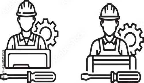Black line icon of a construction worker with a laptop and tools for engineering and maintenance isolated on white background
