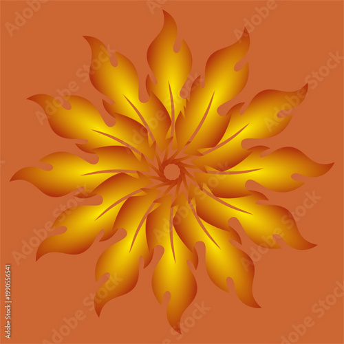 Golden flames spiral outward in perfect symmetry, forming a blazing mandala that pulses with raw solar energy and eternal, consuming fire.