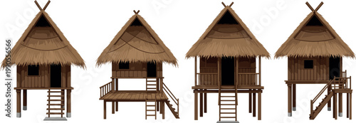 Traditional Wooden Stilt House Vector Illustration Featuring Thatched Roof Huts with Ladders, Platforms, and Cultural Architectural Elements in Tropical Rural Setting