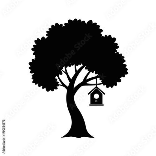 Tree silhouette, birdhouse icon, black vector graphic, nature symbol isolated on White Background vector eps silhouette