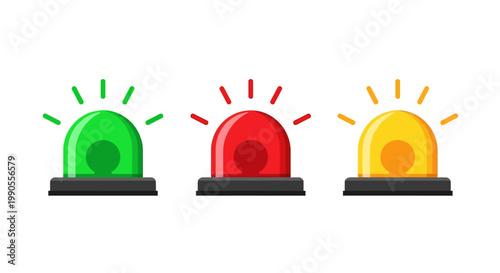 Emergency siren flasher icons set, red green and yellow flashing police lights, industrial warning beacon lamps for safety and security alerts