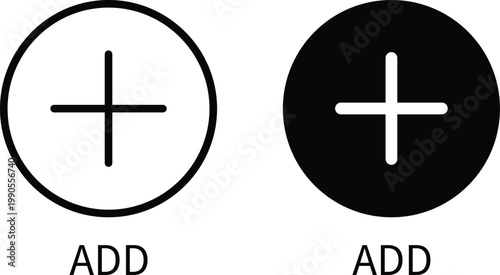 Add icon set in outline and solid black style, plus symbol for website navigation, mobile app interface design element, create, new, insert, positive button. Vector illustration design