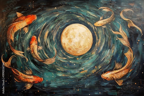 Colorful koi fish swimming around a full moon in vibrant abstract art