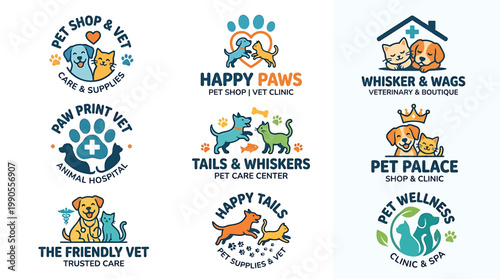 A collection of nine colorful and friendly cartoon-style logos for pet shops, veterinary clinics, and animal care centers, featuring dogs, cats, and related symbols.