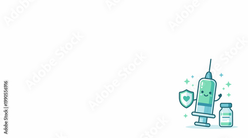 Vaccination Concept Featuring a Friendly Syringe Holding a Shield for Health Protection and Immunization