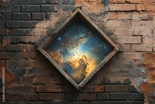 Cosmic nebula displayed in square frame against rustic brick wall