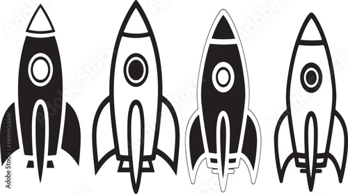 Two rocket ship icons in black and white on a white background for space or business concepts