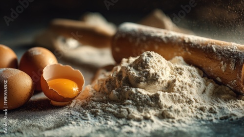 baking moment with flour dusting, rolling pin, cracked eggs