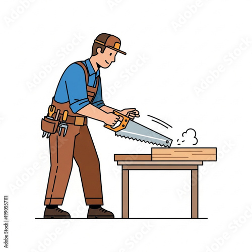 Skilled craftsman with a toolbox sawing a wooden plank on a workbench, professional carpentry work