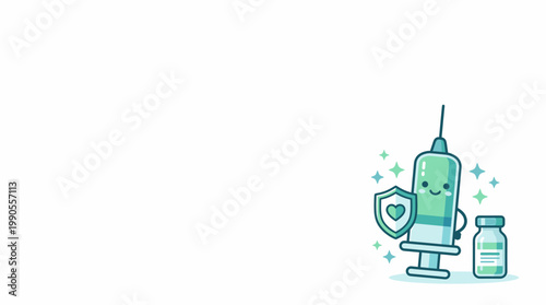 Vaccination Concept with Happy Cartoon Syringe Holding Heart Shield and Vaccine Vial