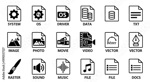 Minimalist computer file type icons set, 18 black and white document format symbols, digital media and system file extension vector illustrations