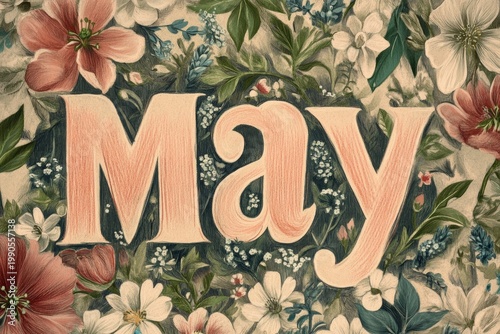 Floral lettering art: may surrounded by blooming flowers
