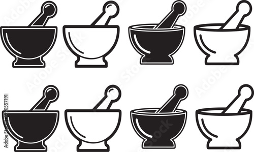 Vector illustration of two mortar and pestle icons in black and white on a white background