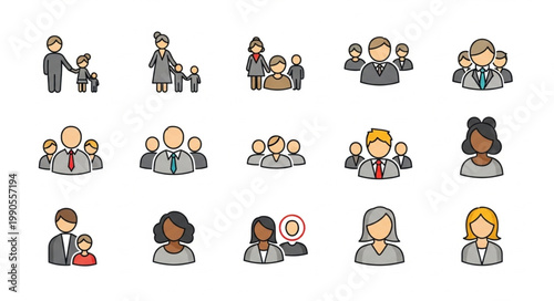 Collection of diverse people icons representing different groups and individuals.