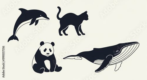 Collection of Silhouettes of Animals Including Dolphin Cat Panda and Whale.