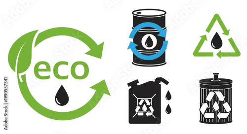 Recycling symbols and oil icons for eco-friendly energy concepts.