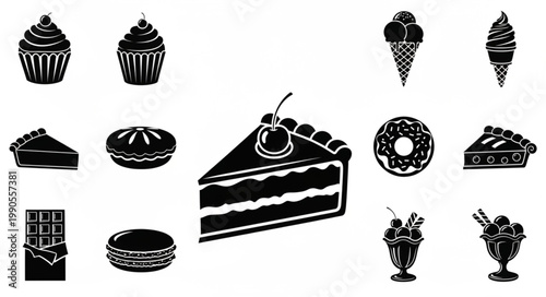 Collection of sweet dessert icons in black and white.