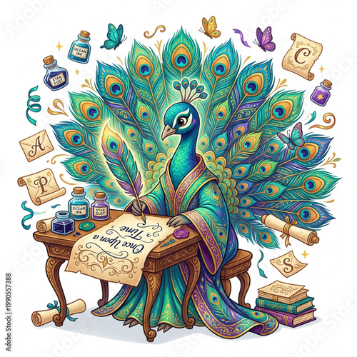 Color Whimsical Peacock Calligrapher Writing Illustration, Adorable Storybook Peacock Scribe Vector Art, Decorative Animal Elegant Calligraphy Design Graphic