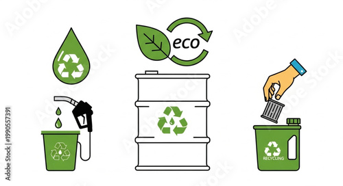 Green energy concept with recycling symbols and oil barrel.