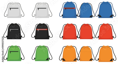 Drawstring backpack vector template set, colorful cinch bag mockups with zippers, 15 sports sack illustrations for branding and merchandise design