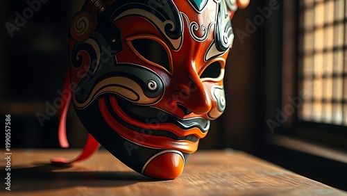 kumadori. A colorful Kabuki mask with intricate painted lines on a wooden table. event programs, museum guides, designed for cultural heritage projects and event programs, supports education.