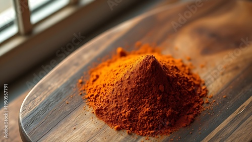 ancho. Pile of brick-red ancho chili powder on rustic wooden board. menu design, packaging mockups, designed for culinary blogs and recipe cards for restaurants, inspires cooking.