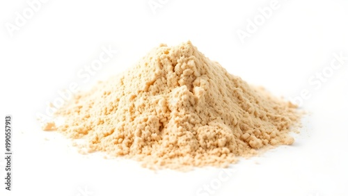psyllium. A mound of soft golden-brown powder on a white background. bar promotions, beverage menus, designed for product packaging and bar promotions, enhances appetite appeal.