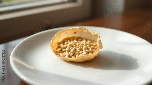 beniseed. A dried sesame pod split open on a white plate, revealing tiny seeds. gardening catalogs, home-decor guides, designed for home decor and floral branding, used by chefs.