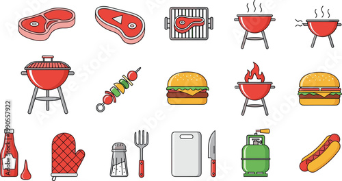Barbecue and Grilling Icon Set Featuring Steaks Burgers Hot Dogs Charcoal Grills and Outdoor Cooking Equipment for Summer Party Menus and Restaurant Designs