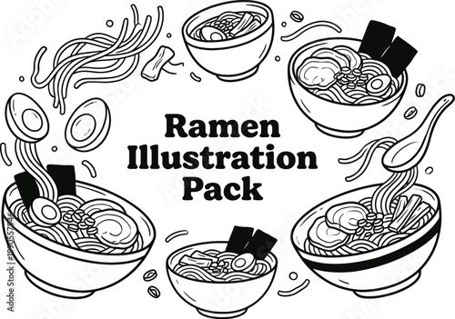 Ramen noodle bowls, steaming hot, illustration set, food icons, vector pack