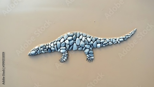plesiosaur. Outline of a plesiosaur made from grey river stones on a sandy beach. wildlife magazines, conservation campaigns, designed for wildlife conservation campaigns, celebrates biodiversity.