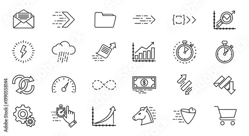 Modern business performance line icons set, 24 minimalist vector symbols for data analytics and financial growth, black thin stroke UI elements