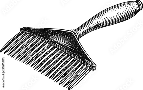 Vintage hair pick comb with wooden handle detailed engraved illustration of grooming tool for curly and textured hair care