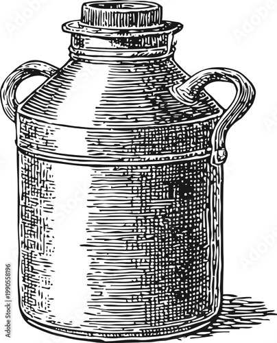 Vintage metal milk canister with handles and lid, classic dairy container illustration