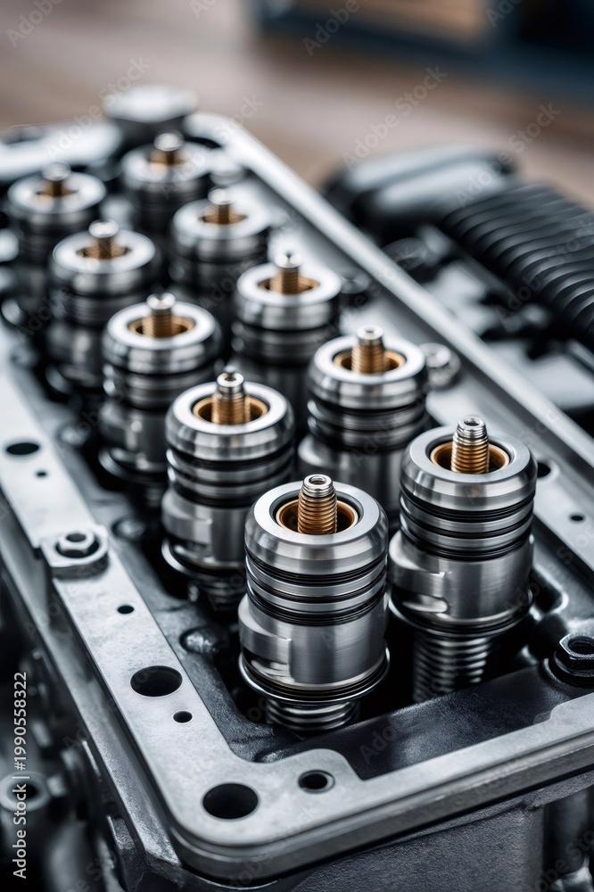 Naklejka premium Engine cylinder head with valve parts displaying manufacturing precision