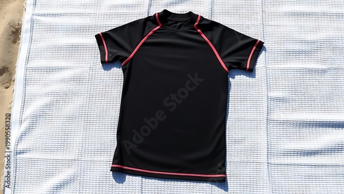 rashguard. Black rashguard laid flat on a beach towel, showing elastic fabric and seams. gardening catalogs, home-decor guides, designed for home decor and floral branding, used by account managers.