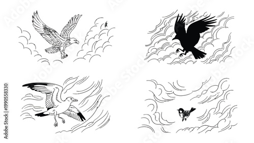 Birds and Sky Illustrations: A series of drawings depicting various birds gracefully soaring against a backdrop of stylized clouds, showcasing a harmonious blend of nature and artistic expression.