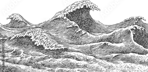 Intricate hand drawn ocean waves with detailed swirling patterns and foam crests