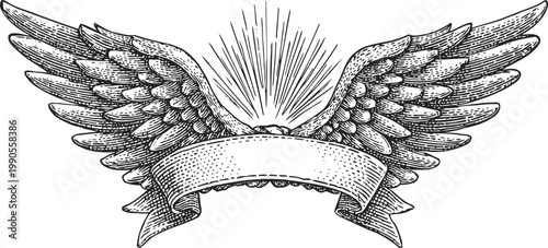 Vintage blank banner with wings and radiant rays ornamental design element for decoration and retro