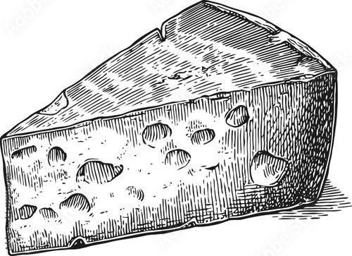 Vintage black and white illustration of a triangular cheese wedge with holes and textured surface