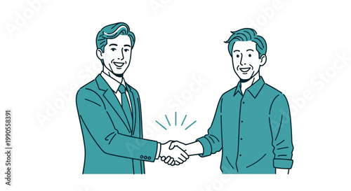Professional business handshake between two men, corporate partnership and successful deal illustration, teal line art vector of smiling businessmen shaking hands