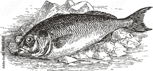 Fresh fish laying on crushed ice hand drawn seafood illustration with detailed scales and fins