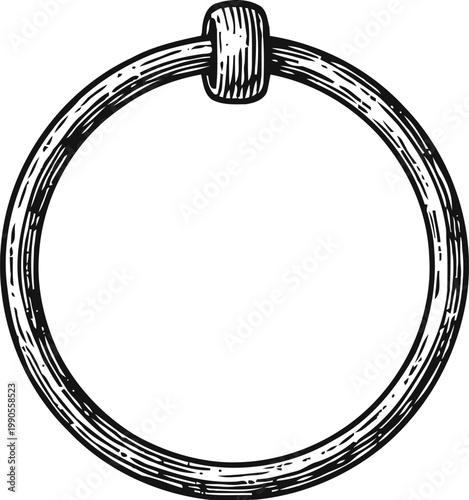 Hand drawn round metal ring hoop with clasp, vintage sketch of circular keyring outline